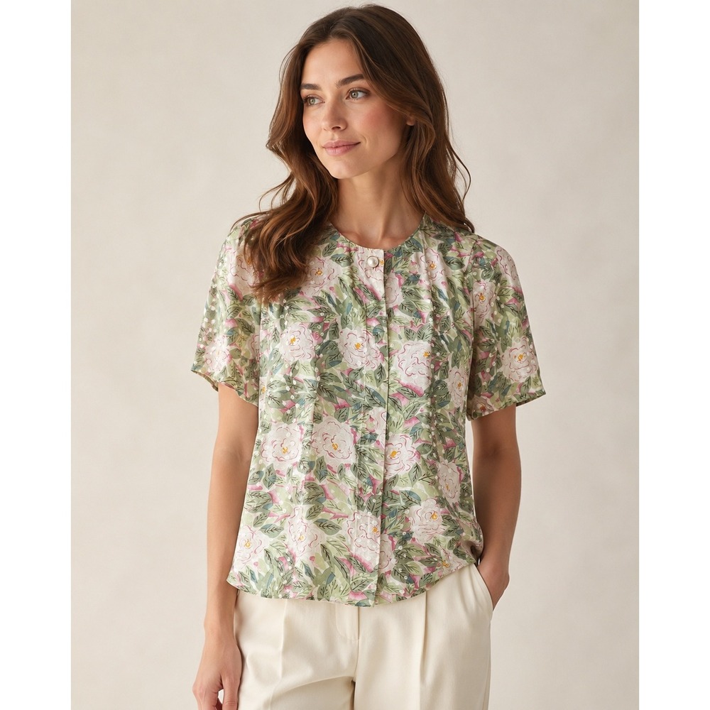Vintage Silk Floral Blouse Pastel Watercolor Cottagecore Petite 8